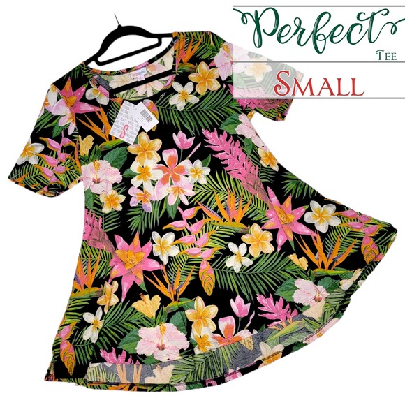 LuLaRoe Tops - LuLaRoe Tropical Hawaiian Perfect T Small NEW Black Pink Green Swing Tunic Top
